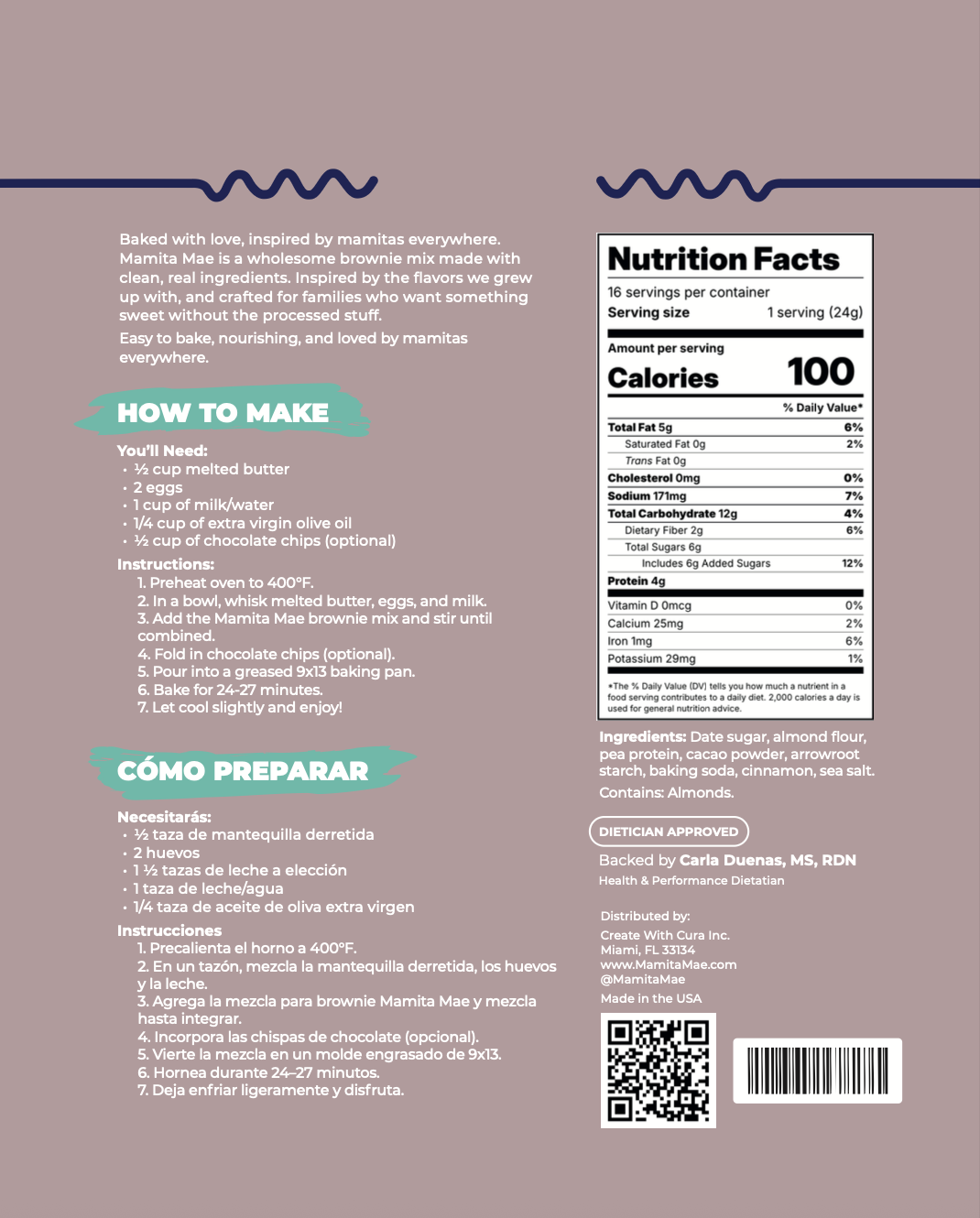 Mamita Mae Protein Brownie Mix - Back with Nutrition Facts